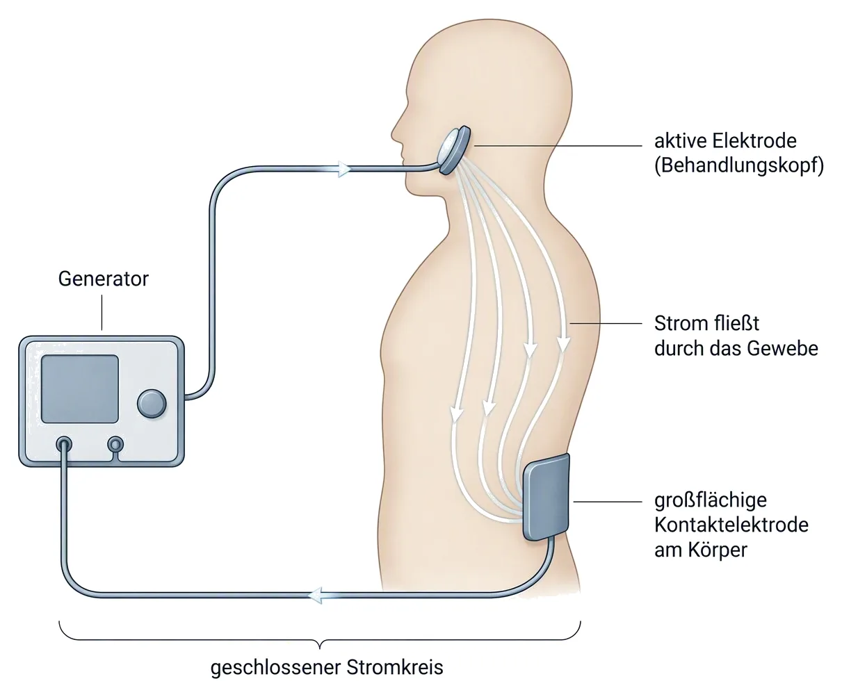 Monopolarer Stromkreis: aktive Elektrode am Behandlungskopf, Strom durch das Gewebe, großflächige Kontaktelektrode am Körper, Generator.